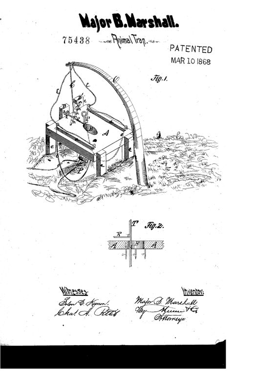 Line drawing of a wooden table-frame trap set over a forest path, with a bent sapling spring-pole overhead connected by cords to choker loops laid across slots in the tabletop, and a smaller cross-section diagram below showing the internal setting rods.