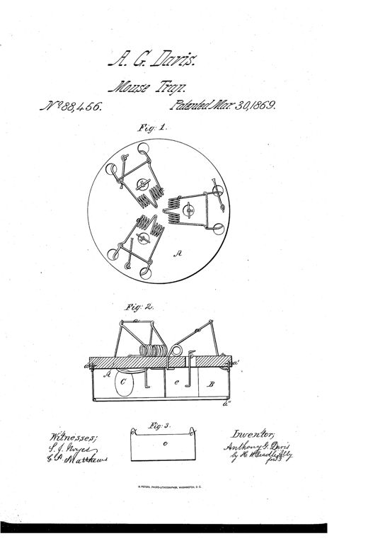Patent drawing of a circular mouse trap showing three spring-loaded snap mechanisms arranged around a wooden disc top, a cross-section view of the trap body with labeled parts A, B, C, and a detail of a small metal partition piece.