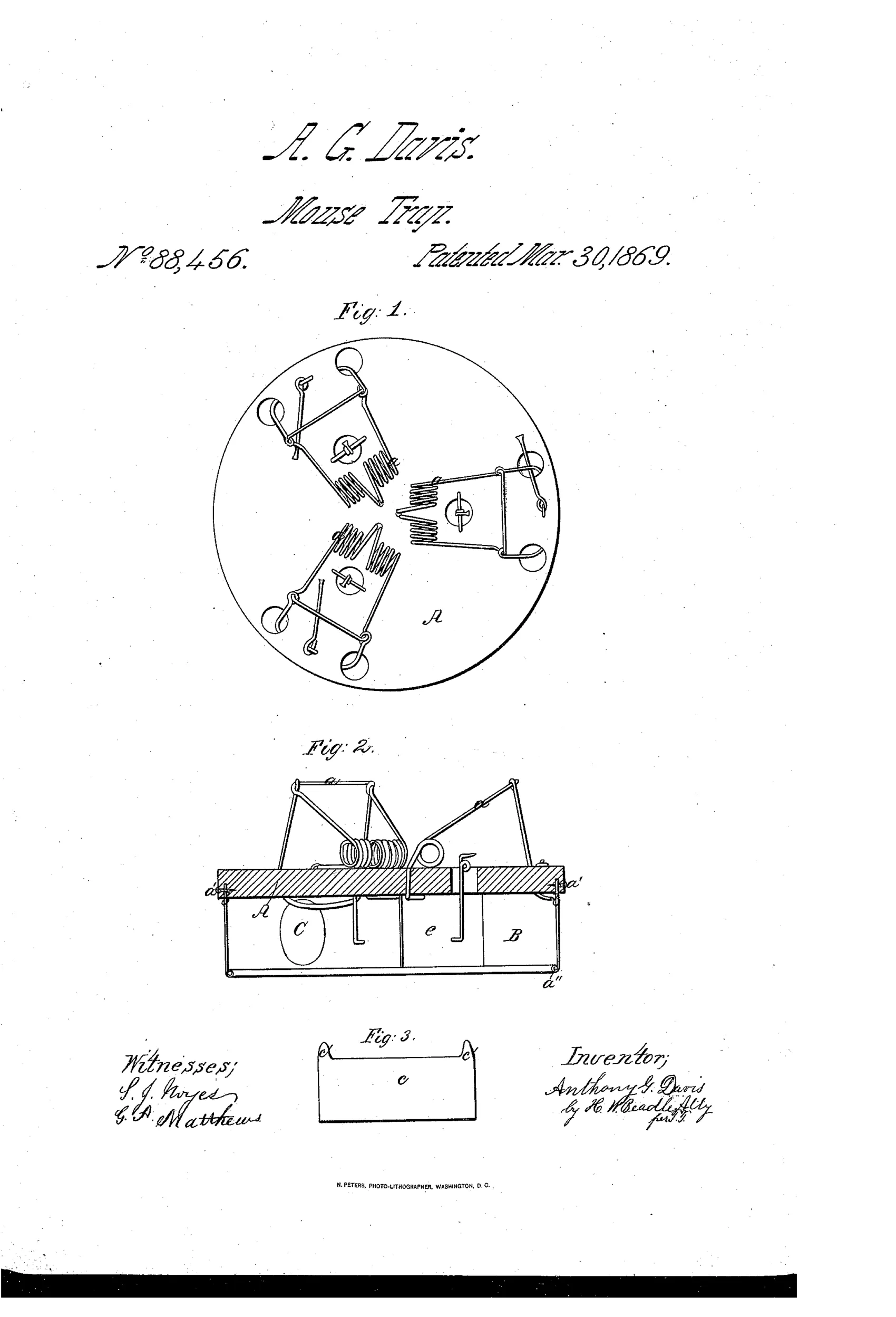 Patent drawing of a circular mouse trap showing three spring-loaded snap mechanisms arranged around a wooden disc top, a cross-section view of the trap body with labeled parts A, B, C, and a detail of a small metal partition piece.