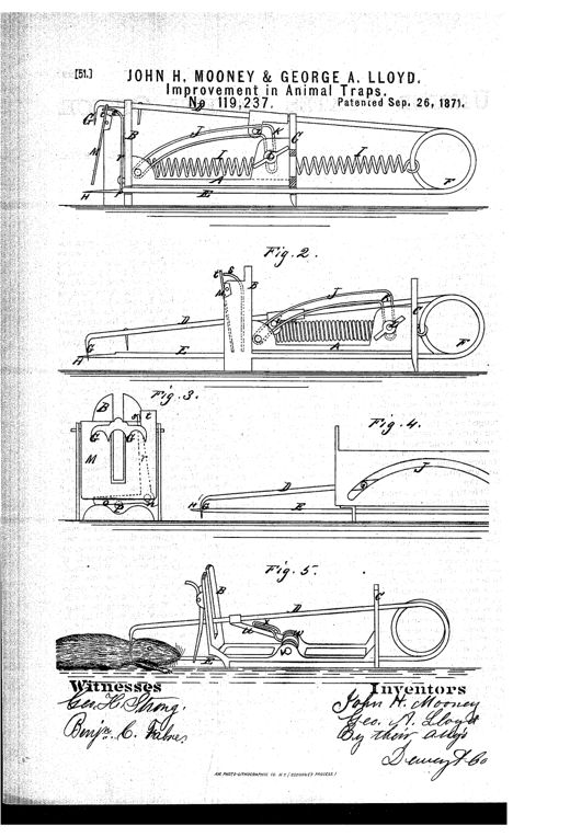 Patent drawing of a 19th-century gopher trap showing a long frame with two parallel rods, a coiled spring at the rear, a curved guide link near the front, and a small rodent illustrated beside the trap in Figure 5.