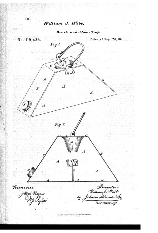 A pyramidal box trap with sloped sides leading to a top opening holding a suspended funnel-shaped glass vessel with a wire handle, and a second cross-section drawing showing the internal bait holder beneath the funnel's narrow end.