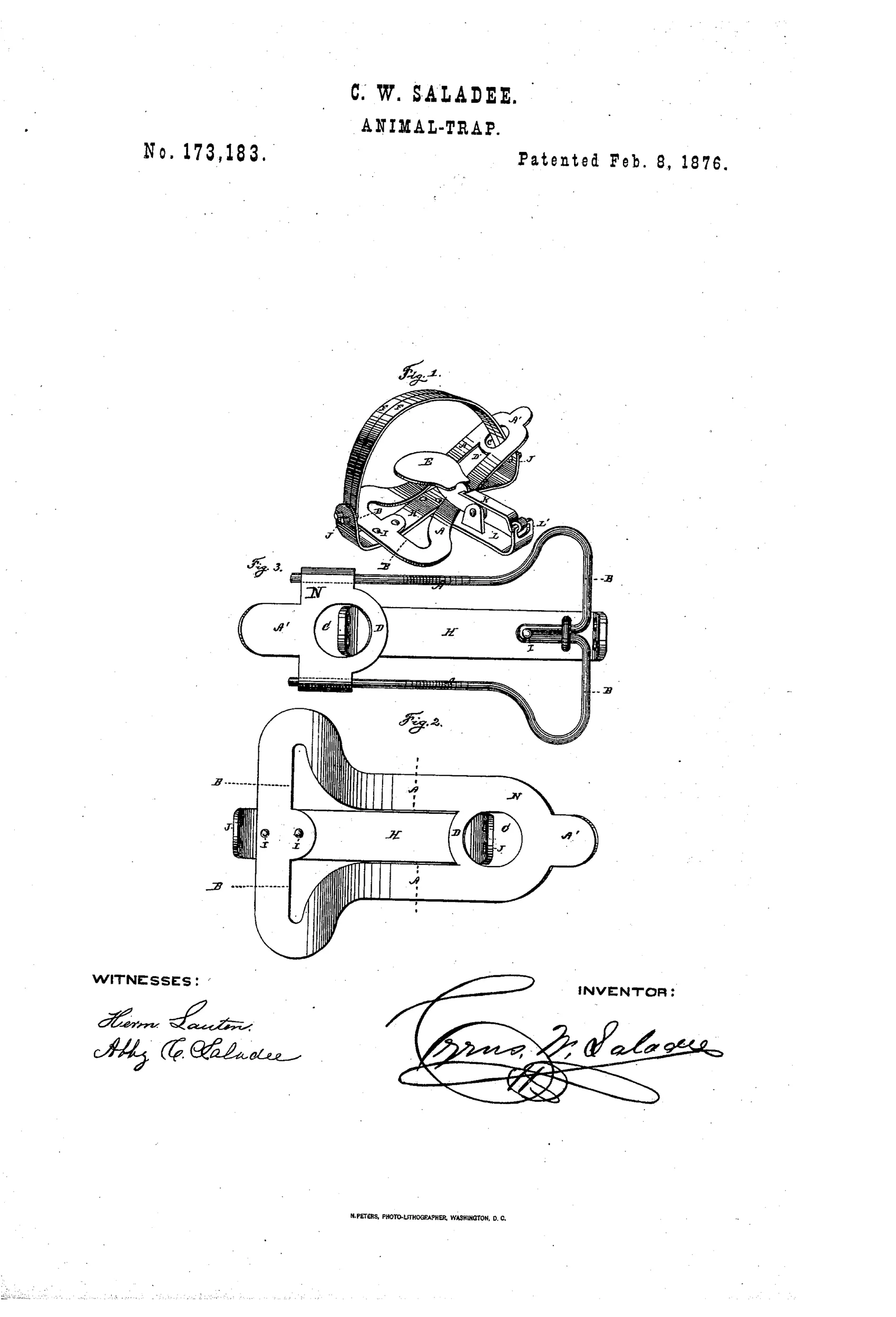Patent drawing showing a steel-jaw animal trap with a curved compound spring in Fig. 1, and two plan-view diagrams (Figs. 2 and 3) of the bed-plate with flexible side prongs and a torsional cross-head spring, labeled with letters A, B, D, H, I, J, and N.