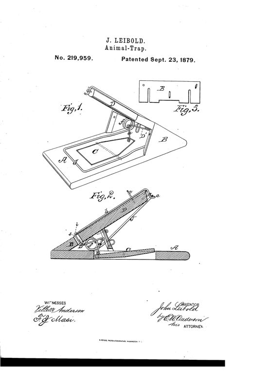 Patent drawing of a wooden animal trap showing a wedge-shaped housing with an angled beam, a central platform, and a U-shaped spring striker bail, alongside a cross-section revealing the internal latch and lever mechanism.