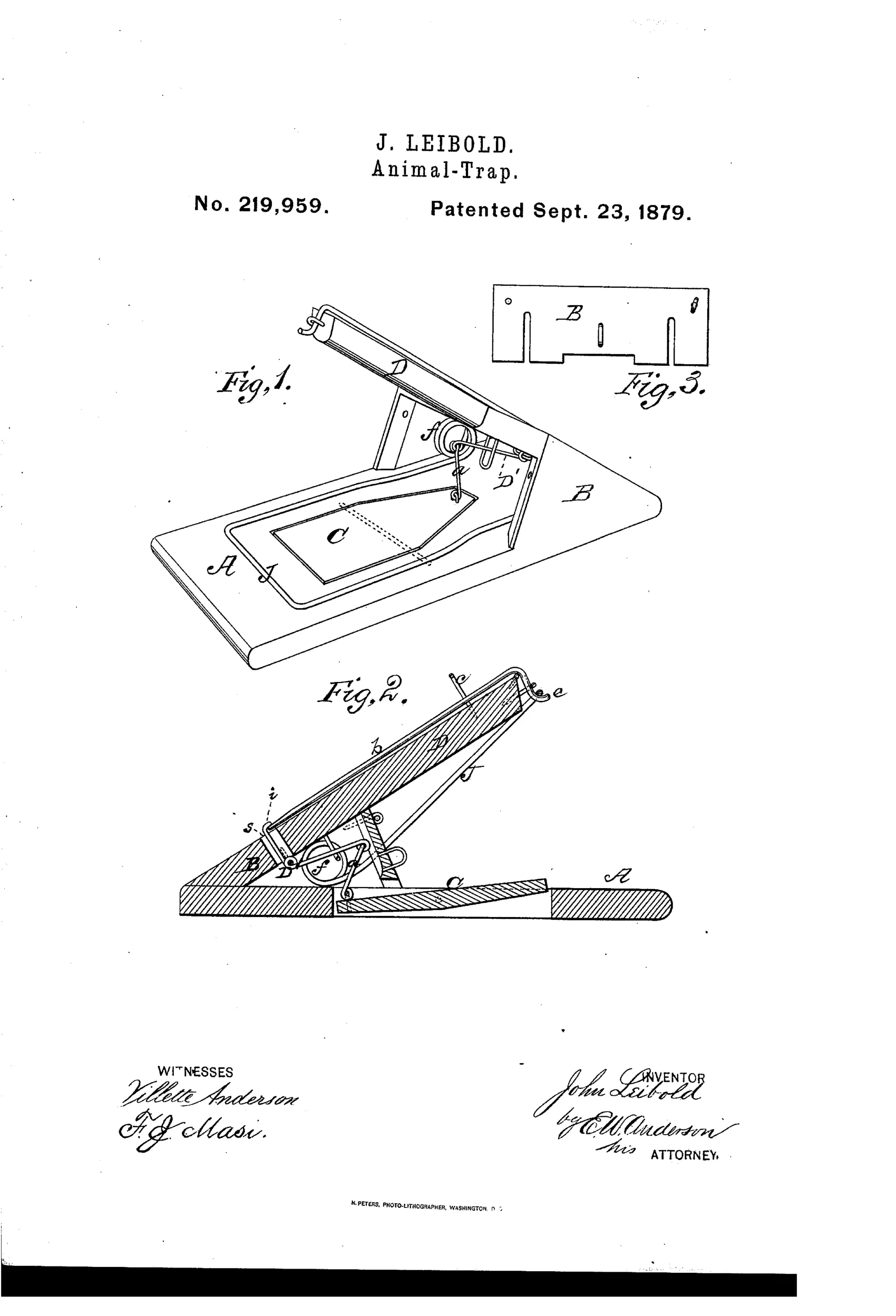 Patent drawing of a wooden animal trap showing a wedge-shaped housing with an angled beam, a central platform, and a U-shaped spring striker bail, alongside a cross-section revealing the internal latch and lever mechanism.