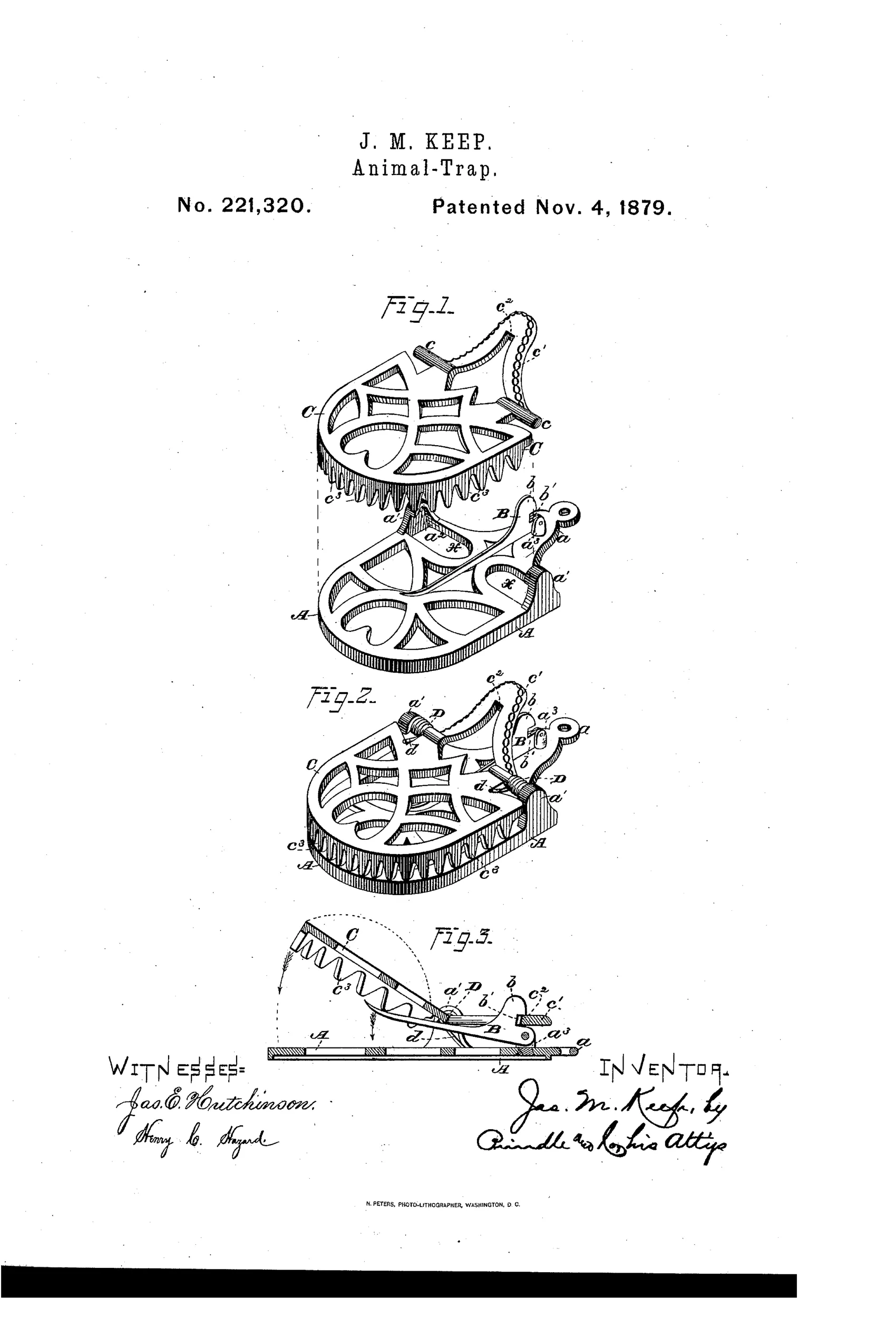 Three technical line drawings of a small spring-loaded animal trap: Fig. 1 shows the base plate, pivoted toothed jaw, coiled springs, and tripping pawl separated apart with labeled parts; Fig. 2 shows the same trap assembled but unset; Fig. 3 shows a side cross-section of the trap set, with the toothed jaw raised on a curved arc above the flat base and the pawl engaging the jaw's tail-piece.