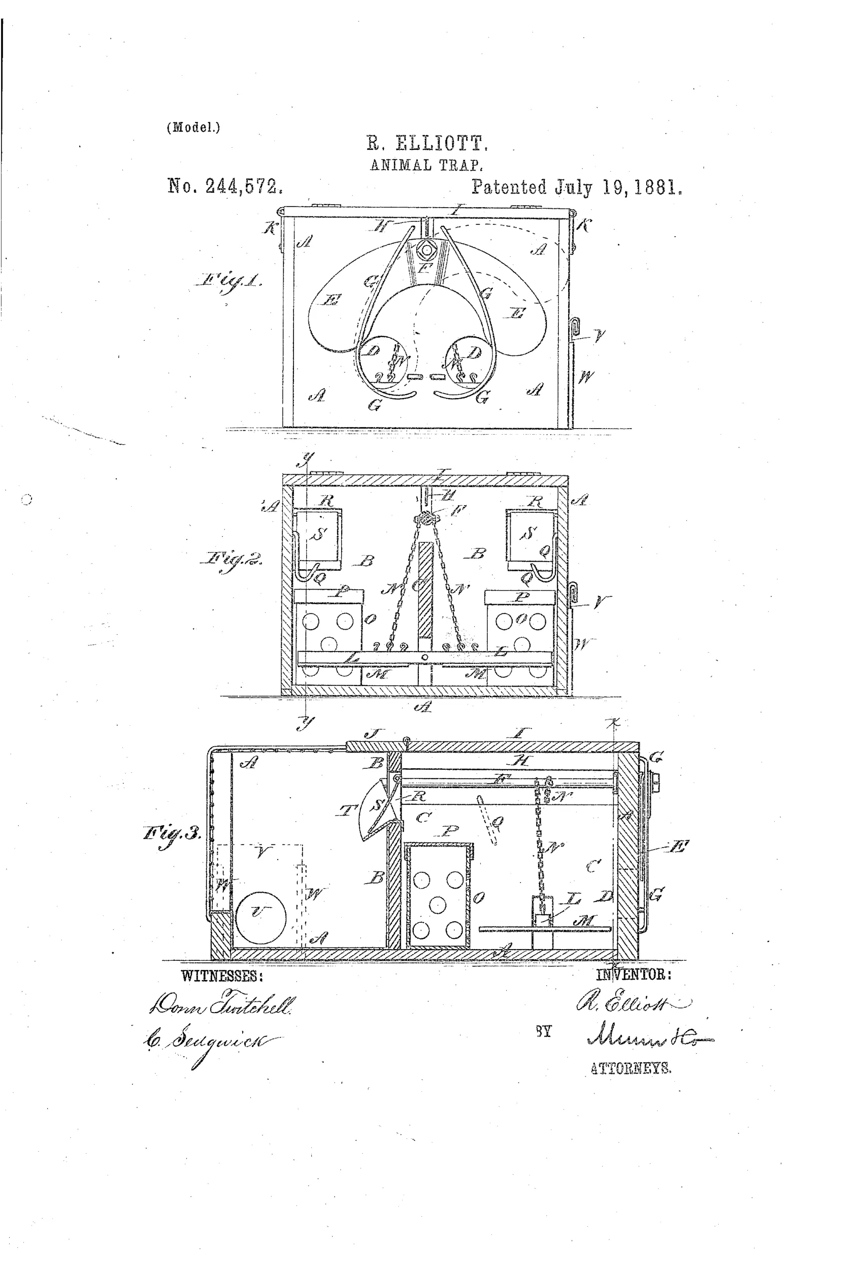 Patent drawing of a wooden box animal trap with three internal compartments, showing a front view with two circular bait-box openings and semicircular sliding plates, a sectional front view revealing the internal treadle and chain mechanism, and a sectional side view showing the drop-door and inclined spout leading to a rear holding compartment.