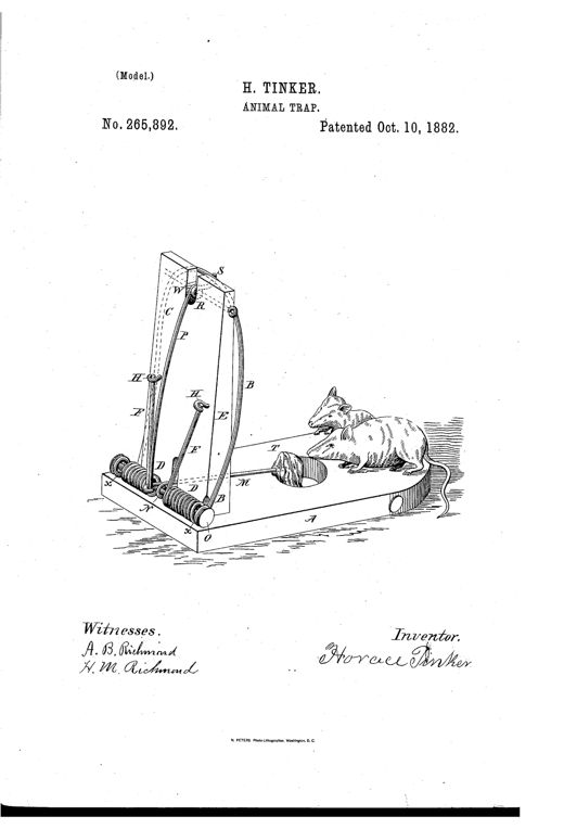 Patent drawing of a wire choker-bow animal trap mounted on a wooden base, showing the upright, coiled springs, catch, trigger with bait, and two rats approaching the baited hole.