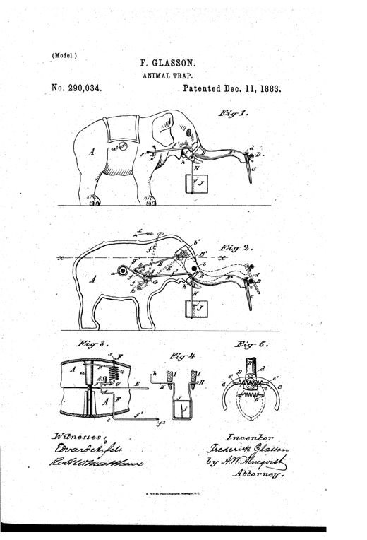 Patent drawing of a toy-elephant-shaped mouse trap showing the animal in side profile with internal crank, spring, and lever mechanism, and a detail view of curved spring jaws at the trunk's end designed to snap shut on a mouse.