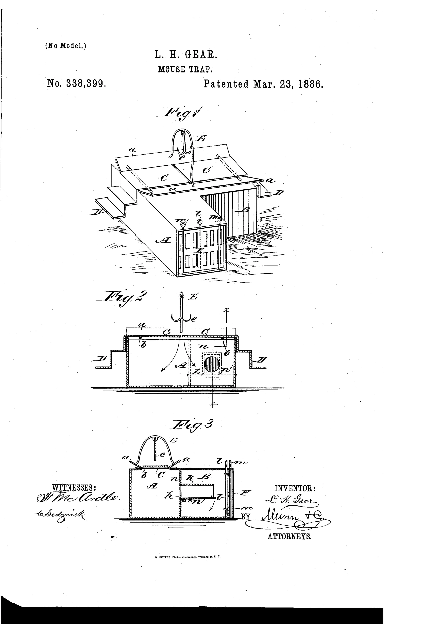 Line drawing of a rectangular sheet-metal mouse trap with a wire bait arch on top, two hinged tilting leaves forming the roof of the main compartment, stepped side projections, and a slatted end door with sliding bars, shown in perspective and in two cross-sections.