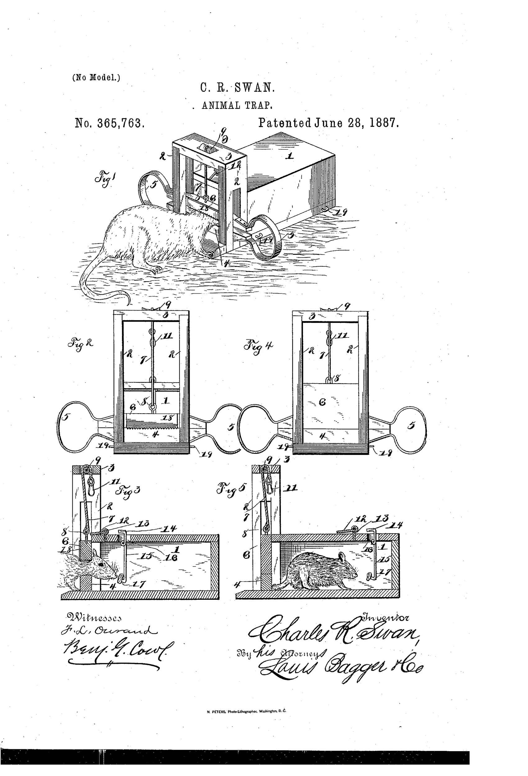Patent drawing of a wooden box animal trap with a spring-loaded upper jaw held by a cord-and-pulley trigger mechanism, shown in perspective with a rat entering the open end, plus front and sectional views labeling the uprights, springs, jaws, trigger, and bait hook.