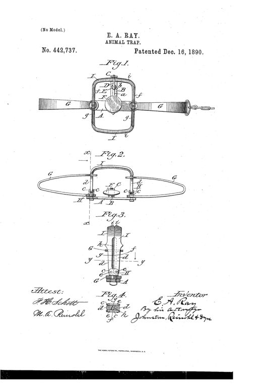 Patent drawing of an otter trap showing a plan view with two bow springs, a central bait pan and trigger mechanism, plus cross-section details of the beveled jaw shanks and cutting edges.