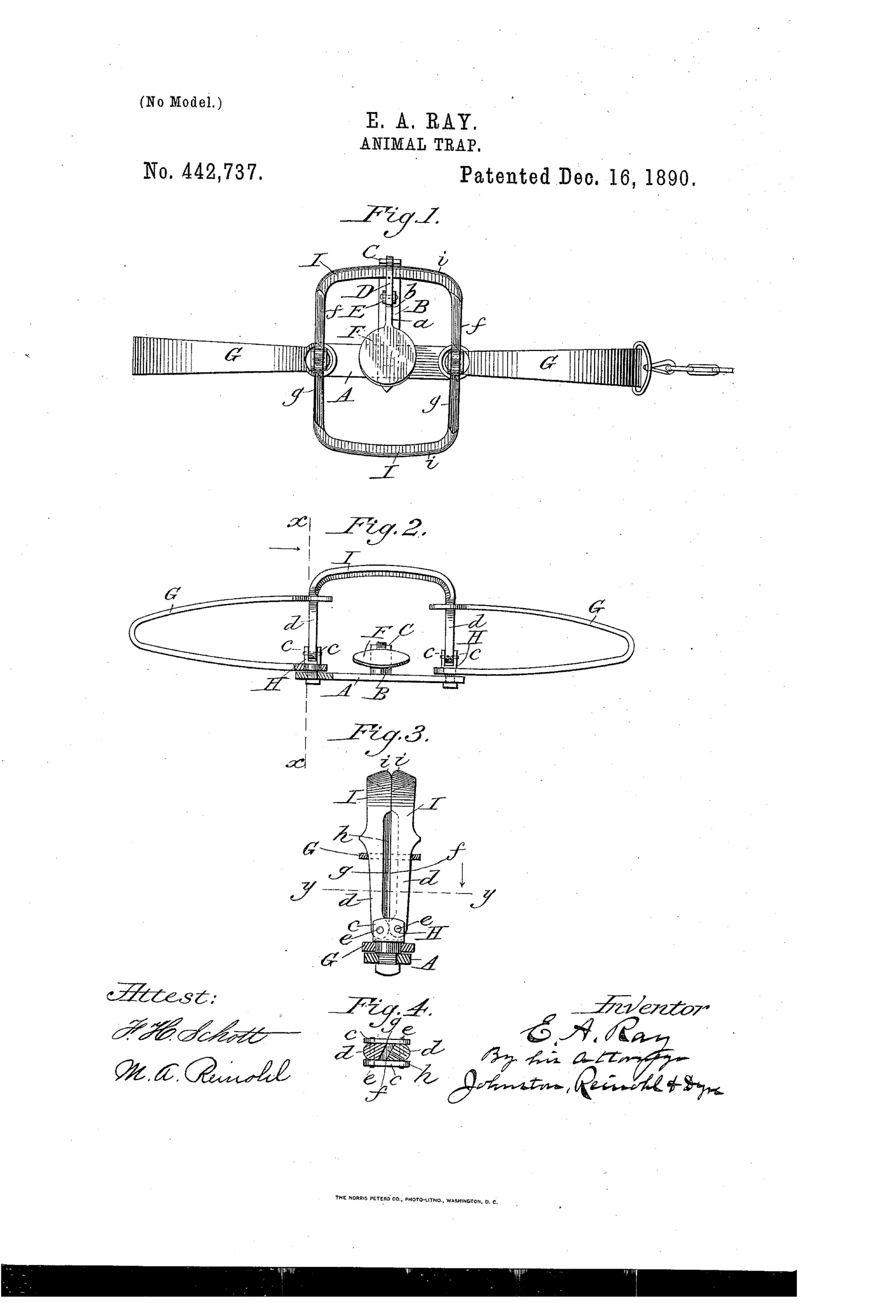 Patent drawing of an otter trap showing a plan view with two bow springs, a central bait pan and trigger mechanism, plus cross-section details of the beveled jaw shanks and cutting edges.