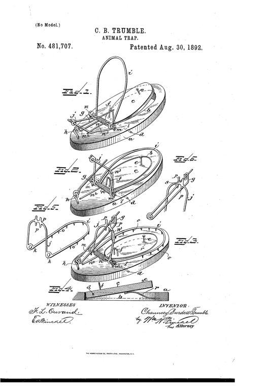 Patent drawing of a wooden-based rat trap with a curved wire spring-jaw hinged over a bait pan, shown set (Fig. 1), unset (Fig. 2), and in modified toothed and pin-trigger versions (Figs. 3-6), with hand-signed witness and inventor signatures below.