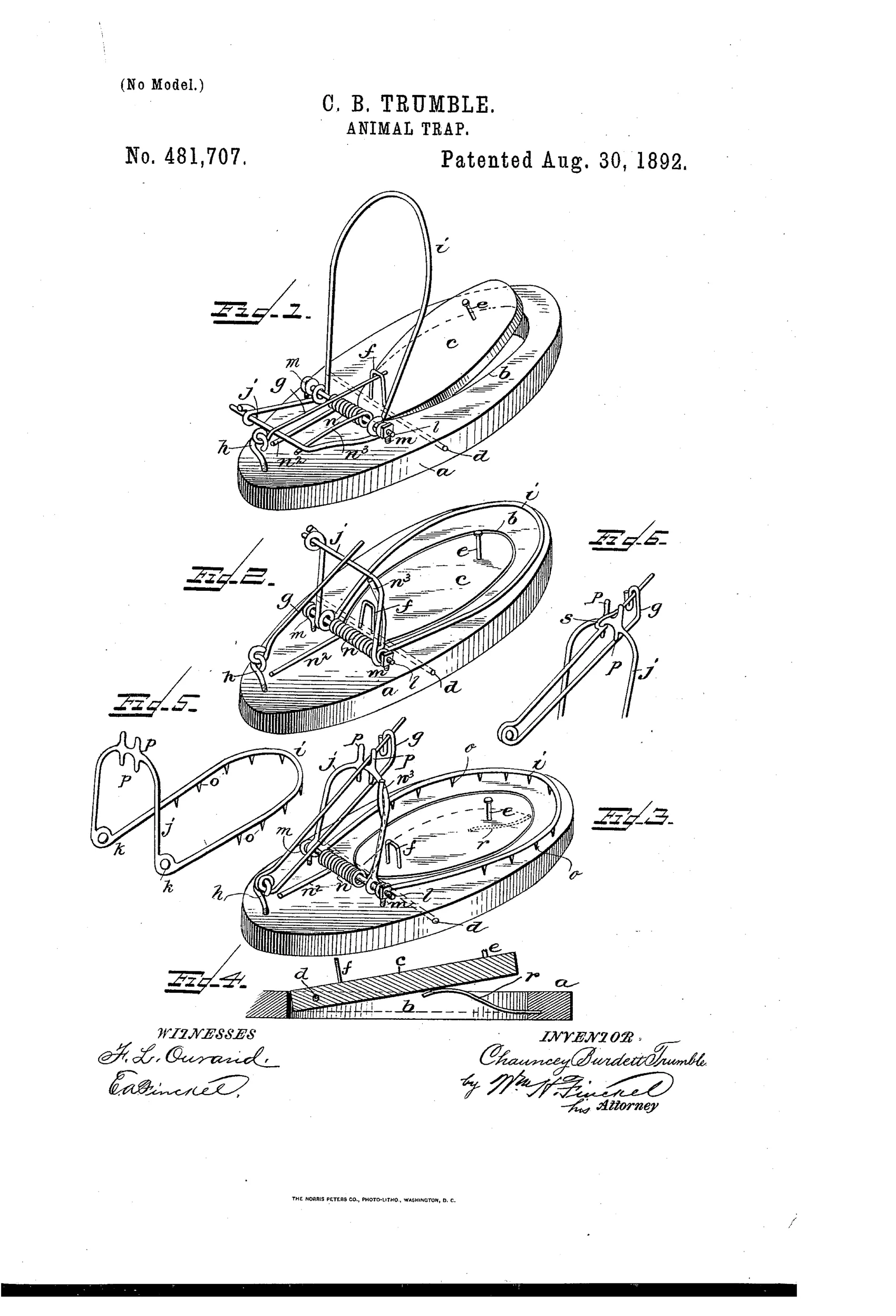 Patent drawing of a wooden-based rat trap with a curved wire spring-jaw hinged over a bait pan, shown set (Fig. 1), unset (Fig. 2), and in modified toothed and pin-trigger versions (Figs. 3-6), with hand-signed witness and inventor signatures below.