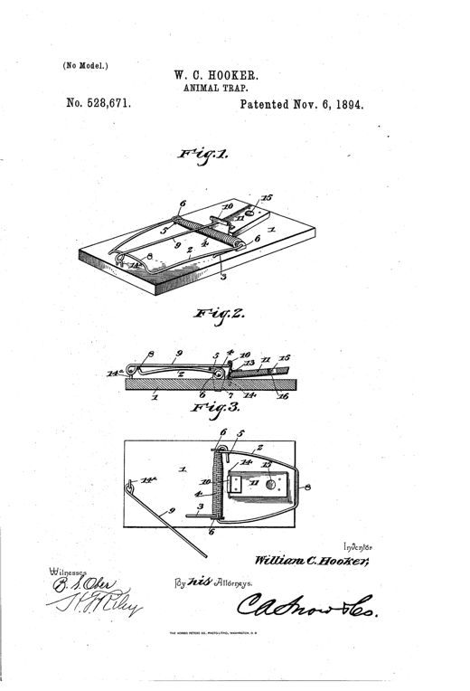 Patent drawing of a wooden-based wire mousetrap showing a coiled spring jaw, locking bar, and hinged bait trigger in set and sprung positions.