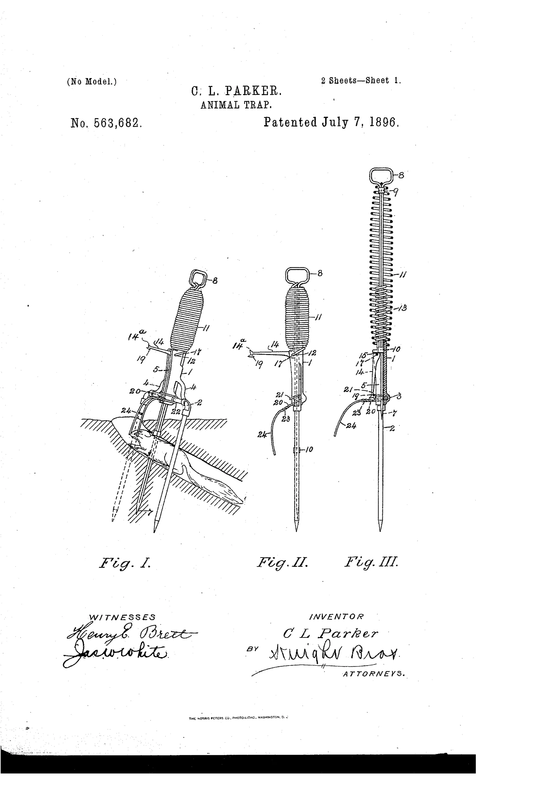 Patent drawing of a spring-actuated spear trap staked into the ground with a two-pronged fork, showing the coiled spring, setting lever, wire trigger with curved feelers, and the spear shaft in both set and sprung positions, including a scene of the trap having impaled a small animal.