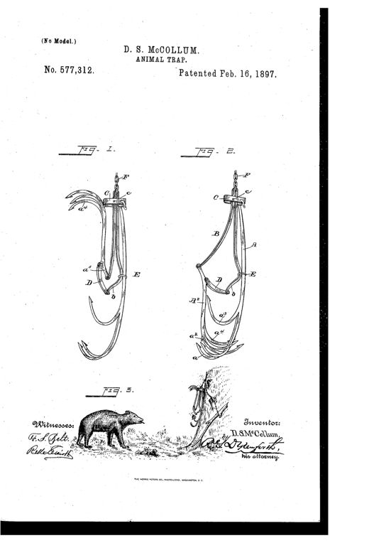 Patent drawing showing two views of a hook-based animal trap suspended by a chain, with curved barbed hook bars and a V-shaped spring mechanism, plus a third illustration of the trap hung on a tree trunk near an approaching bear.