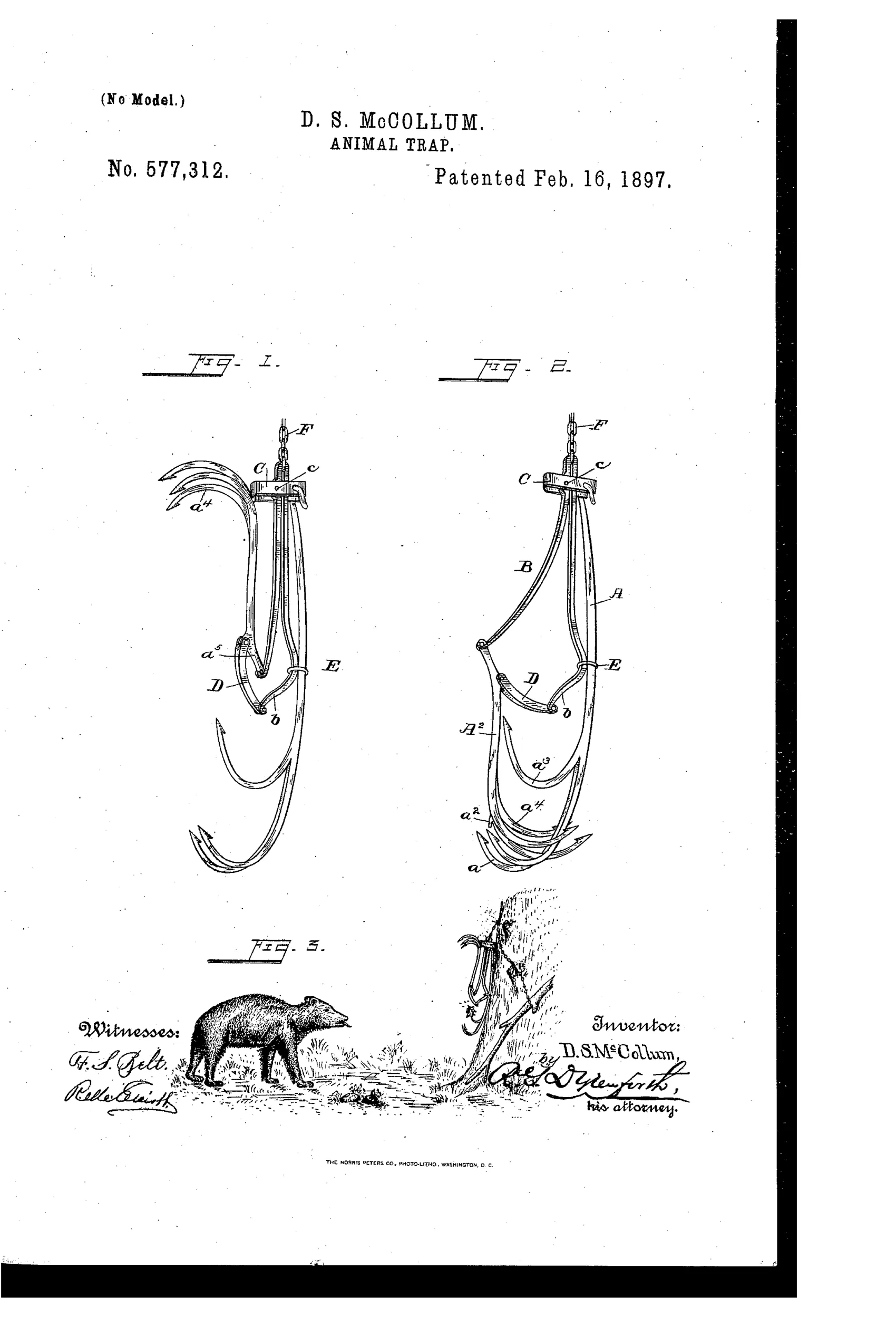 Patent drawing showing two views of a hook-based animal trap suspended by a chain, with curved barbed hook bars and a V-shaped spring mechanism, plus a third illustration of the trap hung on a tree trunk near an approaching bear.