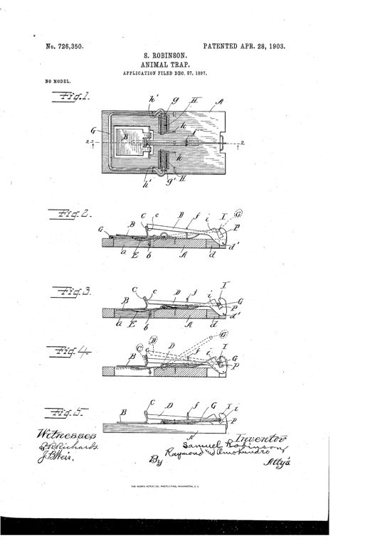 Patent drawing of a rectangular platform animal trap showing a wire clamping jaw with coiled springs at each end, a pivoted latch at the rear, and a trigger plate at the front, illustrated in top plan and four side sectional views labeled Fig. 1 through Fig. 5.