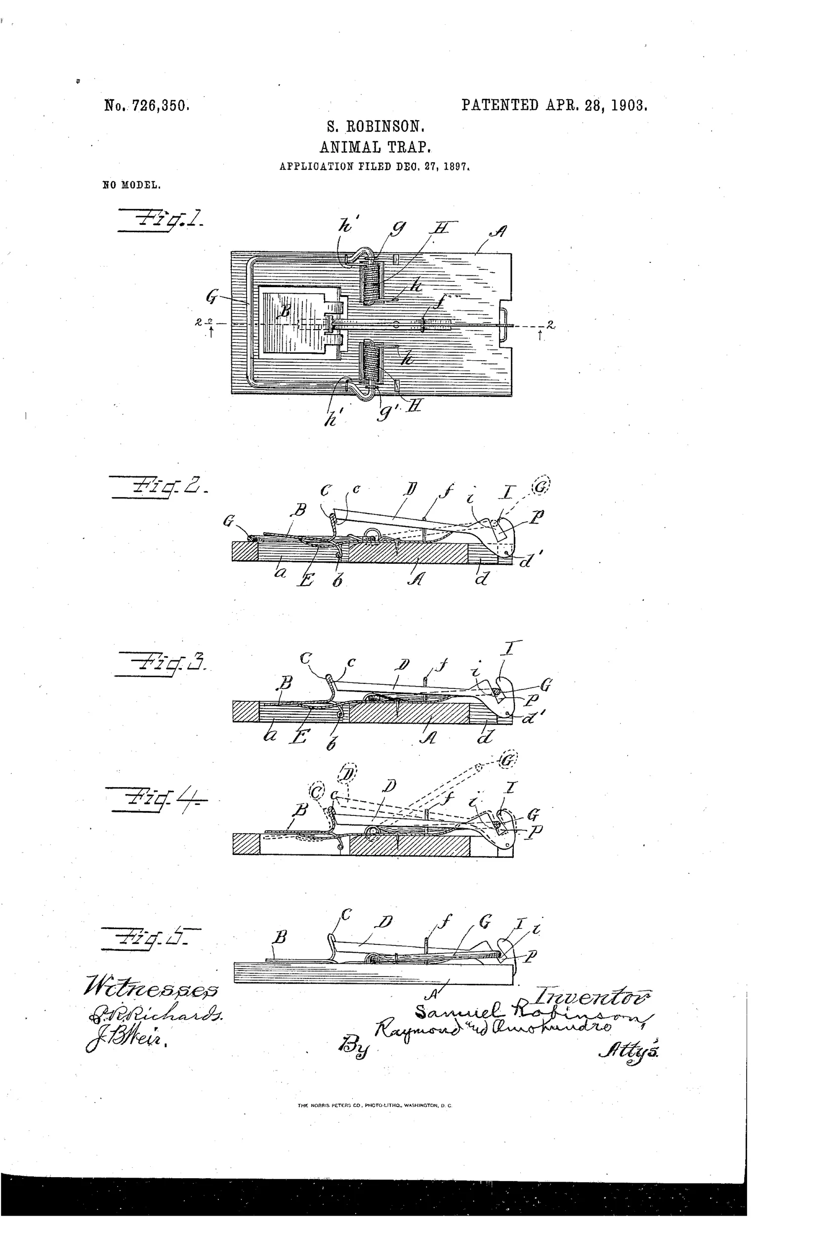 Patent drawing of a rectangular platform animal trap showing a wire clamping jaw with coiled springs at each end, a pivoted latch at the rear, and a trigger plate at the front, illustrated in top plan and four side sectional views labeled Fig. 1 through Fig. 5.