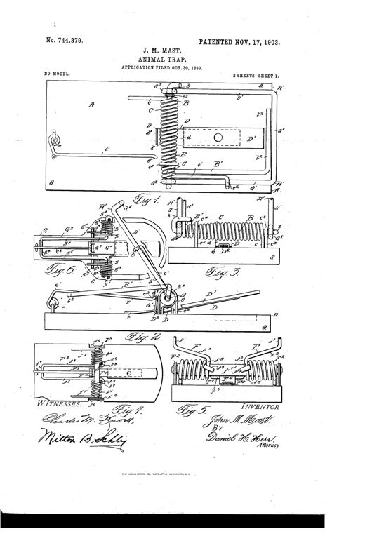 Patent drawing sheet showing a rectangular-base animal trap with a U-shaped wire striker, coiled spring, lever-arm, and sliding treadle trigger, along with detail views of the shaft, lever hooks, and trigger variations.