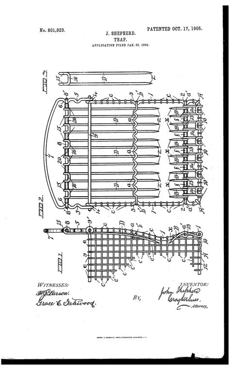 Patent drawing of a rectangular wire cage trap showing an end view with rows of curved hooks and hanging pointed spear-hangers held by an adjustable bar, plus a detail of a single hanger and a side-section view of the trap end.