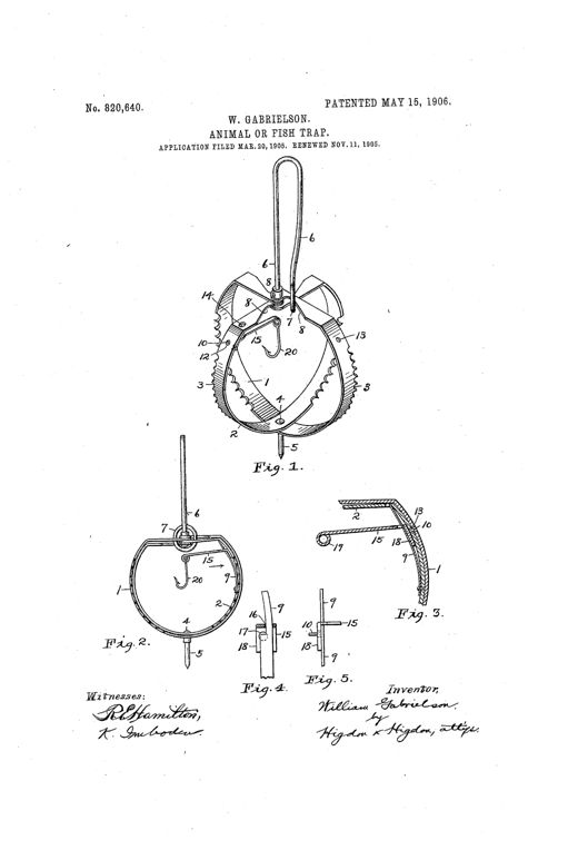 Patent drawing of a heart-shaped, toothed double-jaw trap suspended from a looped spring rod, with a small hooked bait holder and trigger mechanism visible inside the jaws, plus detail views of the trigger and spring assembly.