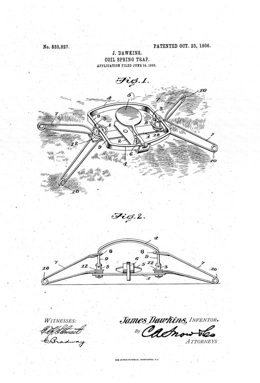 Patent drawing of a wire coil-spring animal trap showing an oval jaw assembly with a raised circular pan, flanked by two wire spring legs each coiled at the outer ends and resting on the ground, with a side-view diagram below showing the closed jaw position.