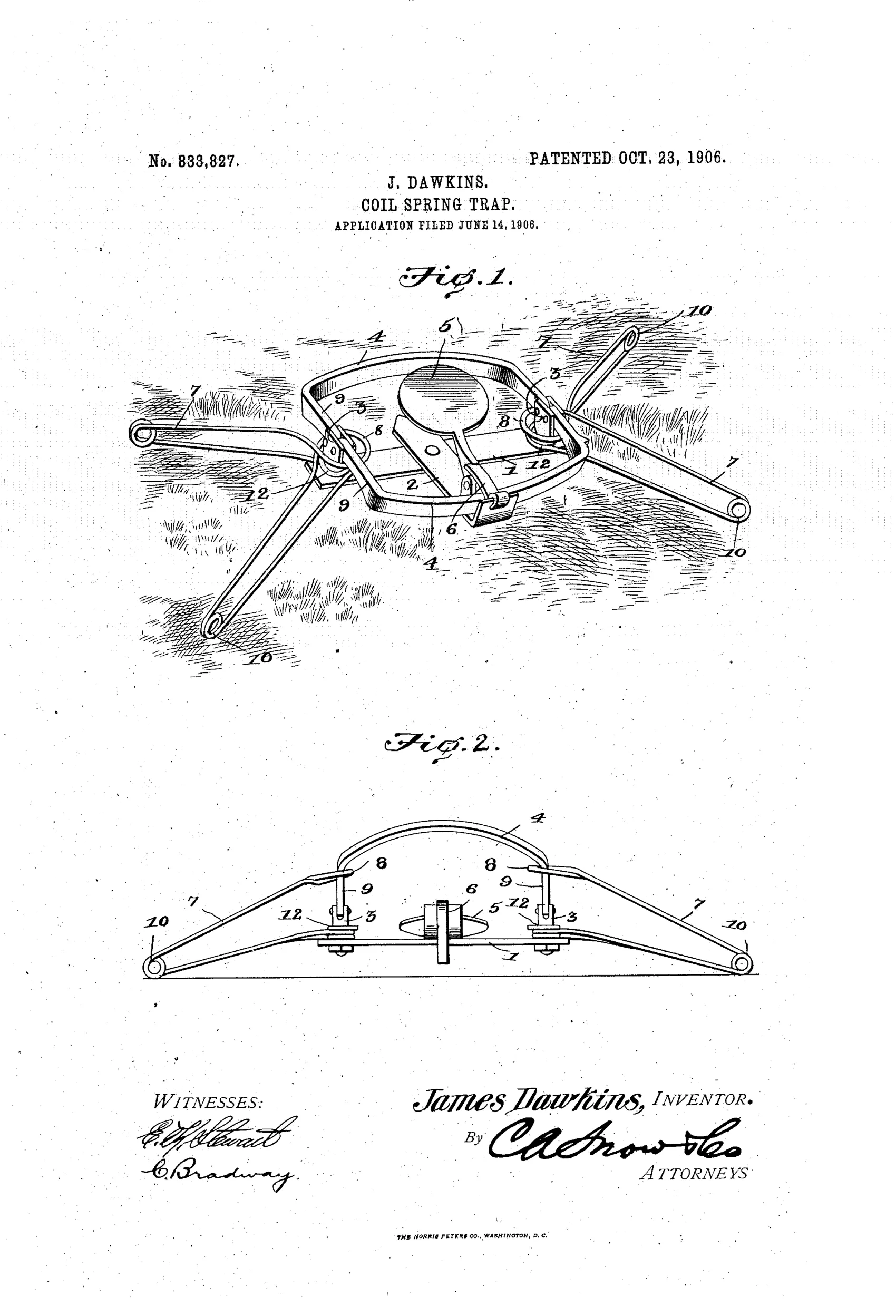 Patent drawing of a wire coil-spring animal trap showing an oval jaw assembly with a raised circular pan, flanked by two wire spring legs each coiled at the outer ends and resting on the ground, with a side-view diagram below showing the closed jaw position.