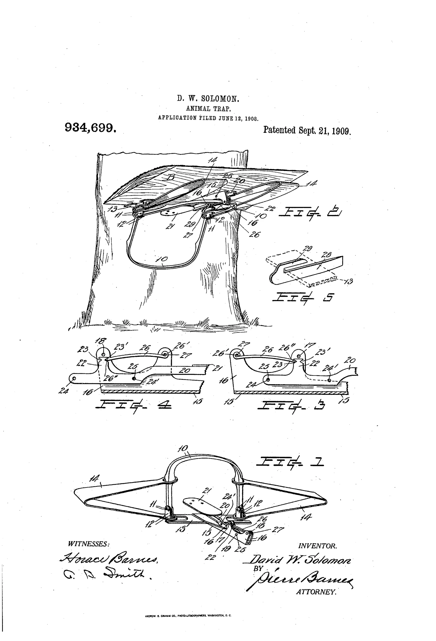Patent drawing showing a steel animal trap with spring-loaded jaws and a bait pan treadle, illustrated both set upright on the ground and inverted and fastened to a tree trunk with a hooked dog fastener.