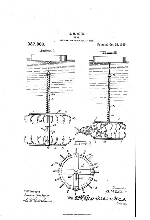 Patent drawing showing a cylindrical fish trap with two circular hook-ringed jaws on a central rod suspended by a float, shown open in Figure 1, closed on a fish in Figure 2, and in cross-section with radiating hooks in Figure 3.