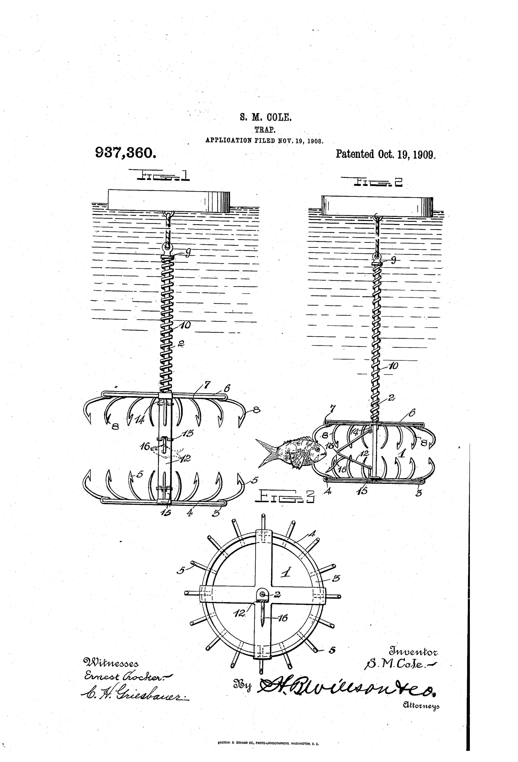 Patent drawing showing a cylindrical fish trap with two circular hook-ringed jaws on a central rod suspended by a float, shown open in Figure 1, closed on a fish in Figure 2, and in cross-section with radiating hooks in Figure 3.