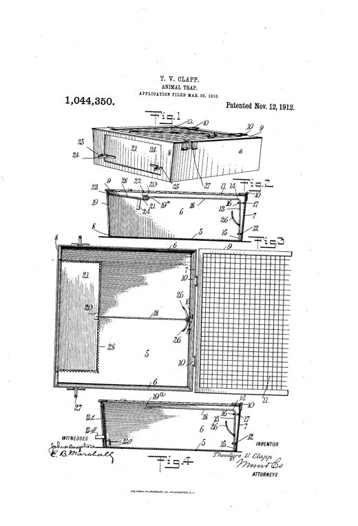Patent drawing of a rectangular wire-mesh cage trap showing a perspective view, two side sectional elevations with the hinged front door open and closed, and a plan view revealing the internal bait rod, guideway, spring catches, and toothed door mechanism.