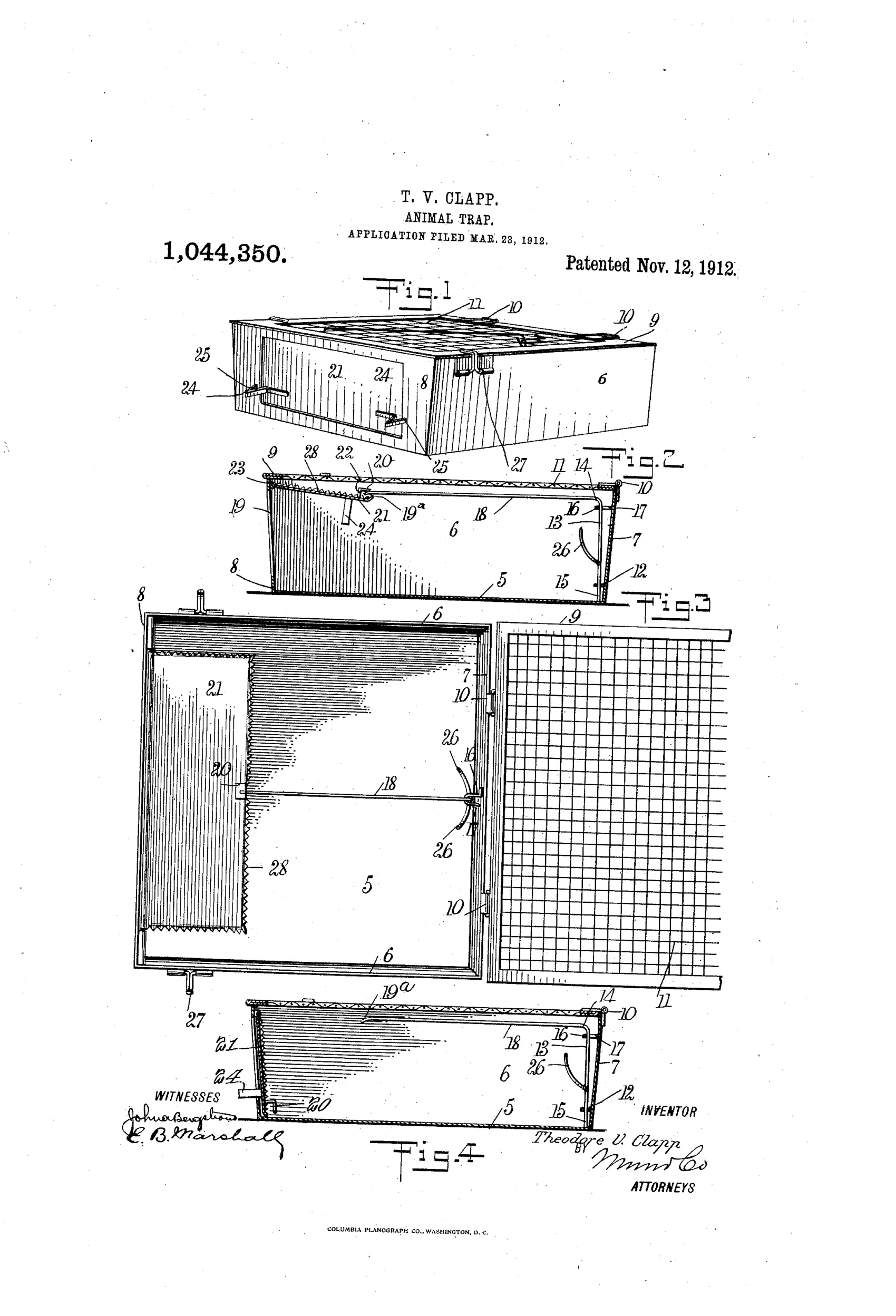 Patent drawing of a rectangular wire-mesh cage trap showing a perspective view, two side sectional elevations with the hinged front door open and closed, and a plan view revealing the internal bait rod, guideway, spring catches, and toothed door mechanism.
