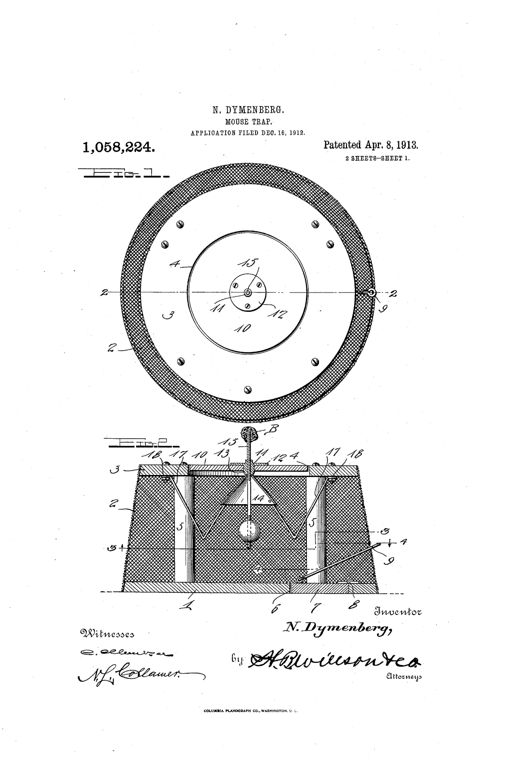 Patent drawing of a round mouse cage trap showing a wire-mesh truncated cone body with a flat perforated ring top, a central tilting disk with a bait rod and hanging weight suspended over an internal cone, and a hinged door in the base for removing caught mice.