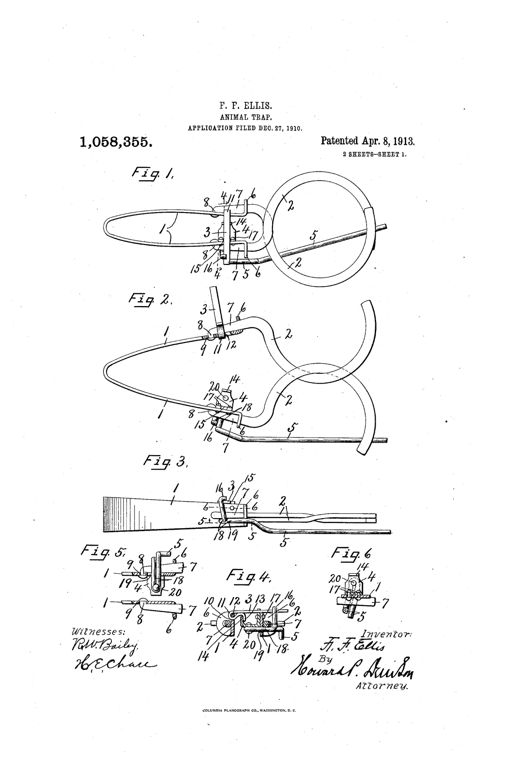 Patent drawing showing an oval spring-jawed animal trap with two curved metal jaws crossing over a circular ring, a small detent and trigger mechanism at the hinge, and a long tail spring arm extending to the base.