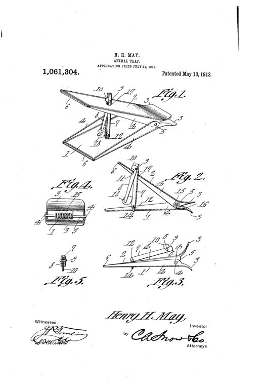 Patent drawing of an animal trap showing two hinged jaw plates joined by a coil spring and a diverging bait-holding trigger mechanism, with separate detail views of the spring housing and trigger pivot.