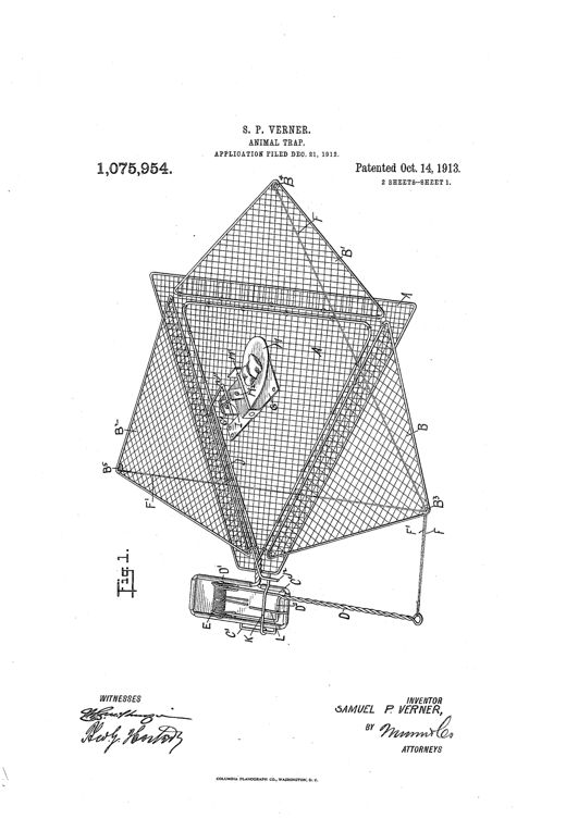 Patent drawing of a triangular wire-mesh animal trap shown flat and open in Figure 1, with labeled sides B, B', B2, base A, bait holder H, and spring mechanism, and shown folded into a closed pyramidal cage in Figure 2 with cords F and F' running to a distant anchor stake D.