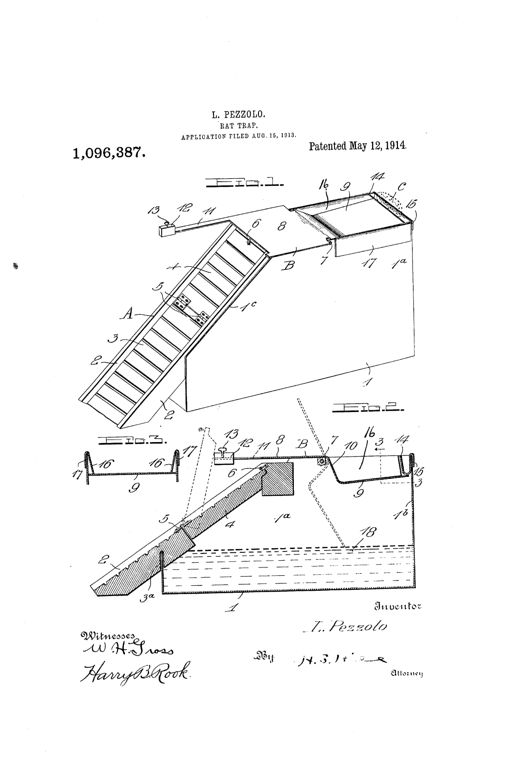 Isometric and sectional patent drawings of a wooden rat trap showing an inclined slatted runway leading up to a hinged tilting door atop a water-filled tank, with a bait trough, counterweight arm, and stop flanges labeled by numbers.