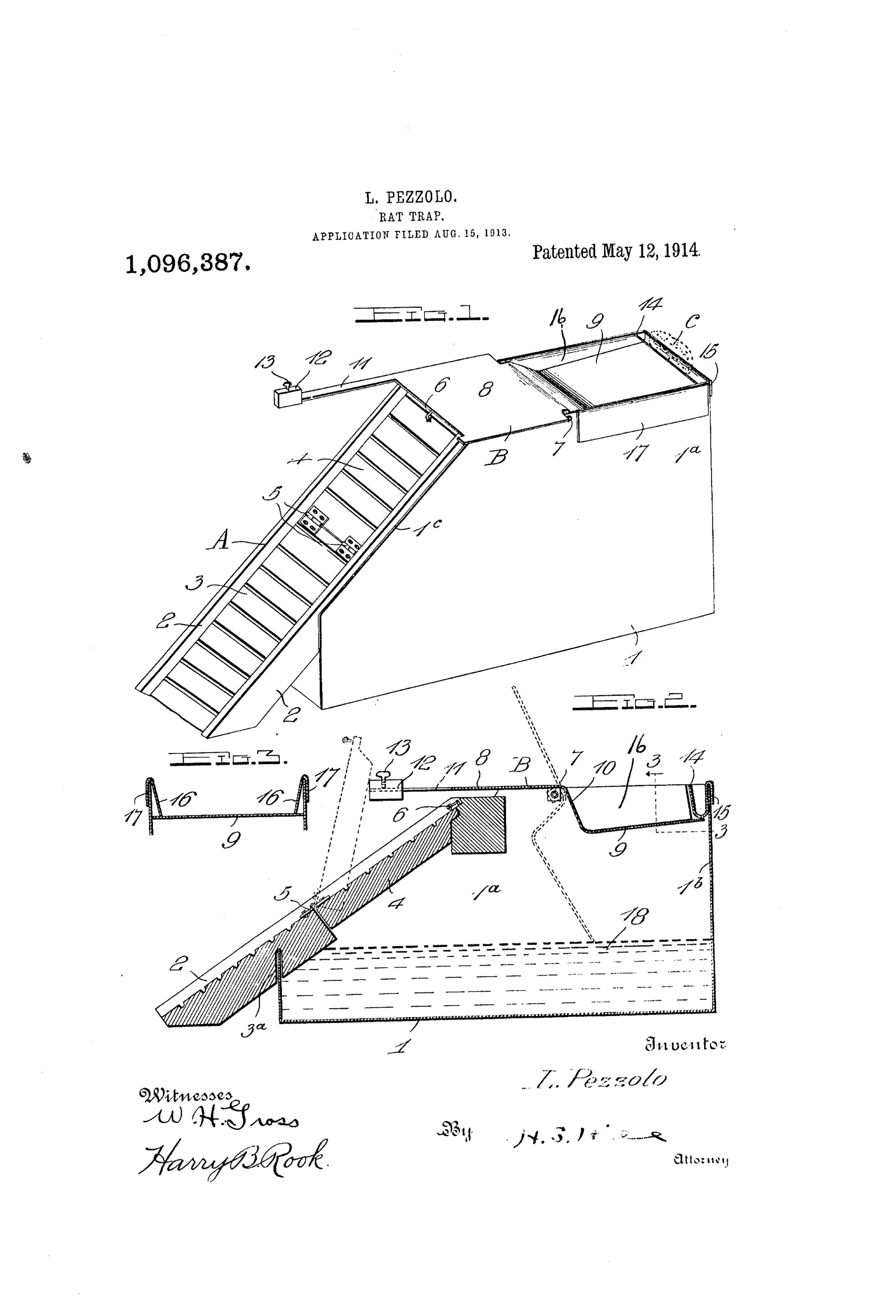 Isometric and sectional patent drawings of a wooden rat trap showing an inclined slatted runway leading up to a hinged tilting door atop a water-filled tank, with a bait trough, counterweight arm, and stop flanges labeled by numbers.
