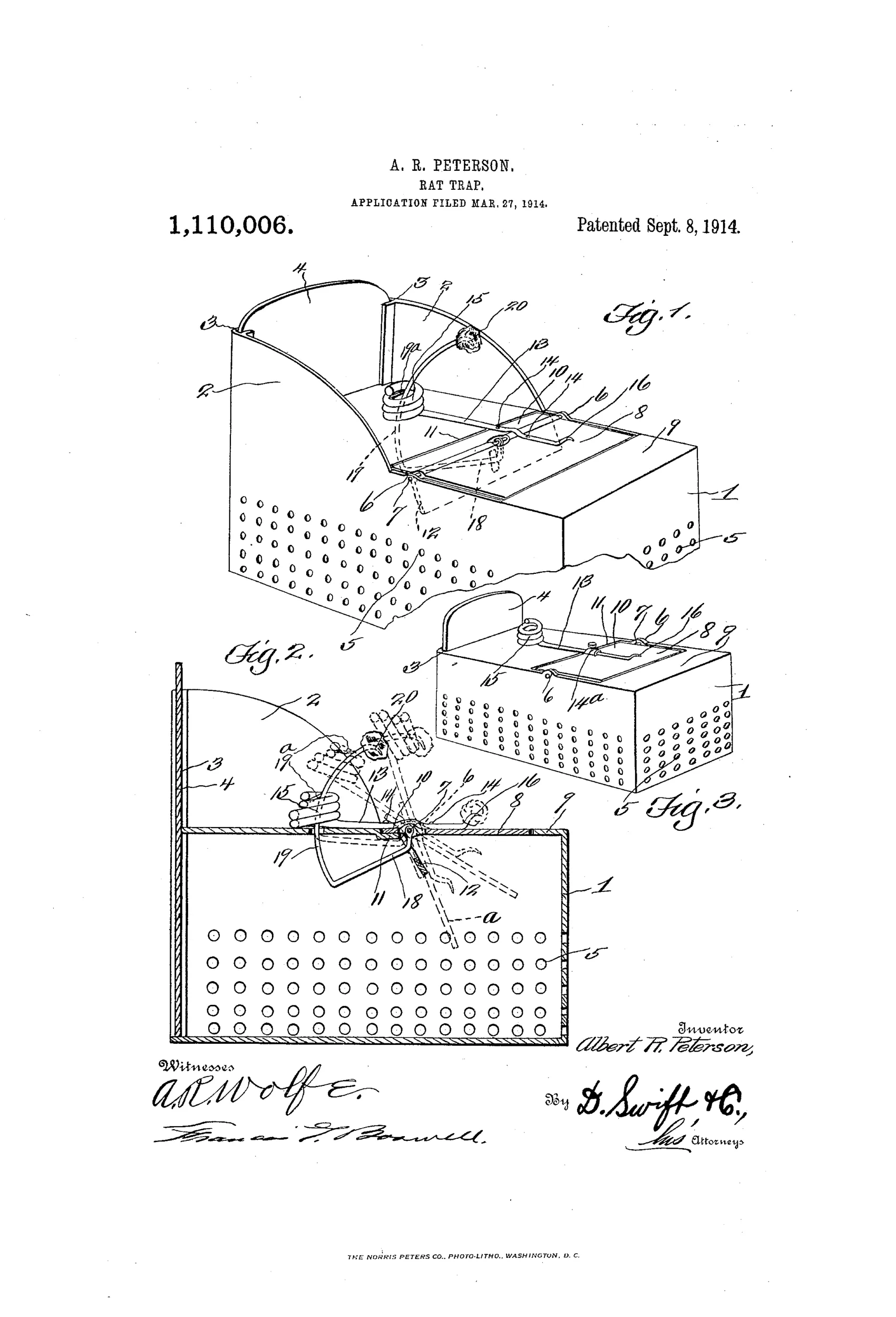 Patent drawing of a perforated metal box rat trap with a sliding door on one end and a hinged, coiled-wire bait arm and tilting platform mechanism on the top, shown in three perspective and sectional views.