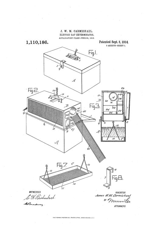 Patent drawing of a wooden tank with hinged lid housing a wire-mesh cage trap, showing entrance tubes, a suspended bait basket contact, wire runways with hooks, and a removable mesh tray at the bottom for retrieving drowned rats.