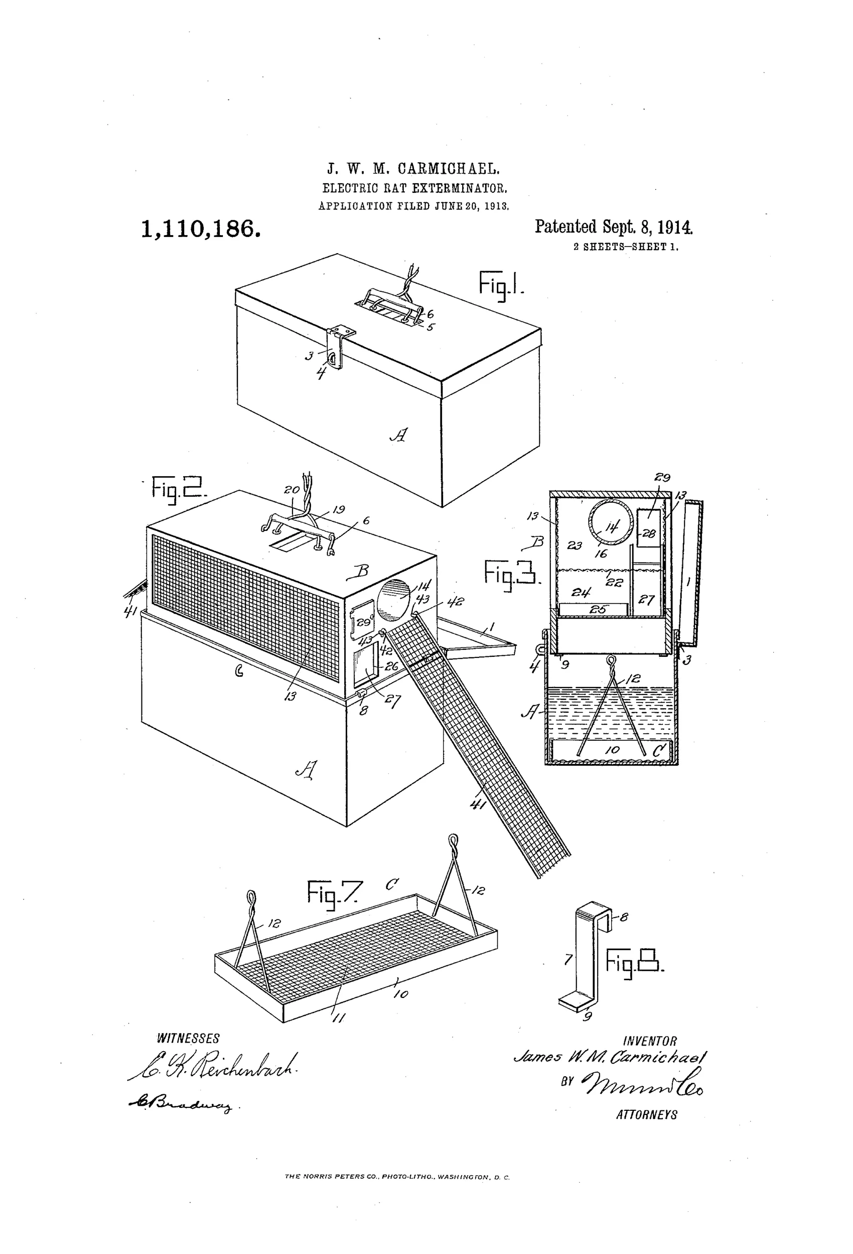 Patent drawing of a wooden tank with hinged lid housing a wire-mesh cage trap, showing entrance tubes, a suspended bait basket contact, wire runways with hooks, and a removable mesh tray at the bottom for retrieving drowned rats.