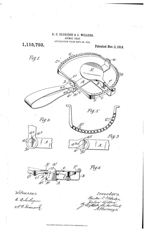 Line drawing of an oval steel leg-hold animal trap with a curved handle, showing two pivoted jaws, a coiled bait pan, and a latch mechanism, along with smaller detail views of the spring loop attachment and cross-grooved jaw face.