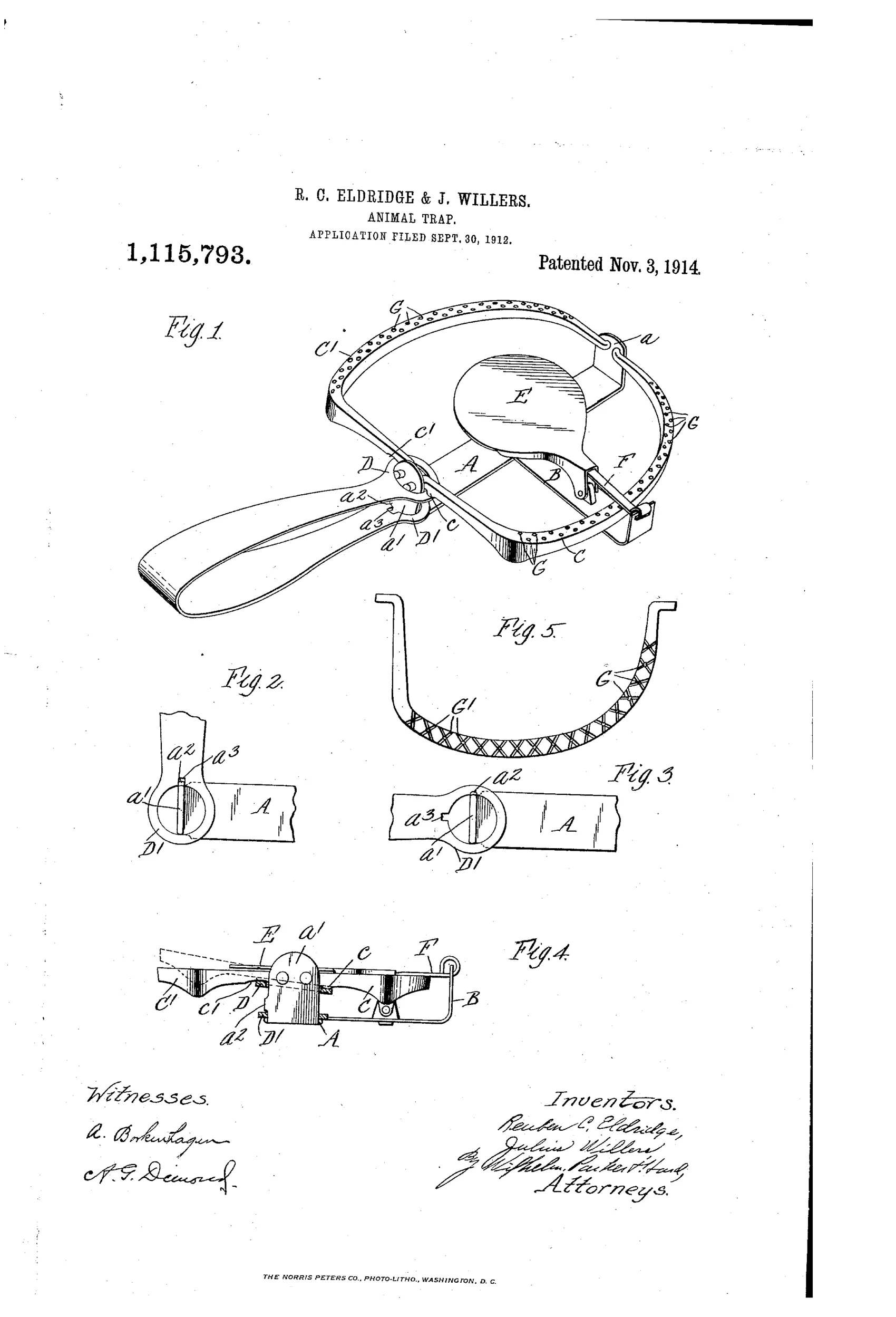 Line drawing of an oval steel leg-hold animal trap with a curved handle, showing two pivoted jaws, a coiled bait pan, and a latch mechanism, along with smaller detail views of the spring loop attachment and cross-grooved jaw face.