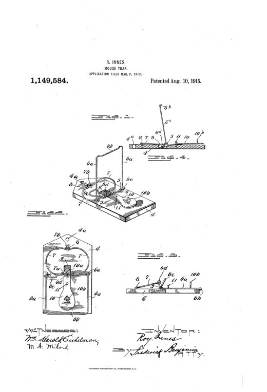 Patent drawing of a wire-frame mouse trap on a rectangular wooden base, showing the bail-like wire frame, coiled spring, arrow-shaped bait tongue, and pivot trigger in both set and sprung positions.