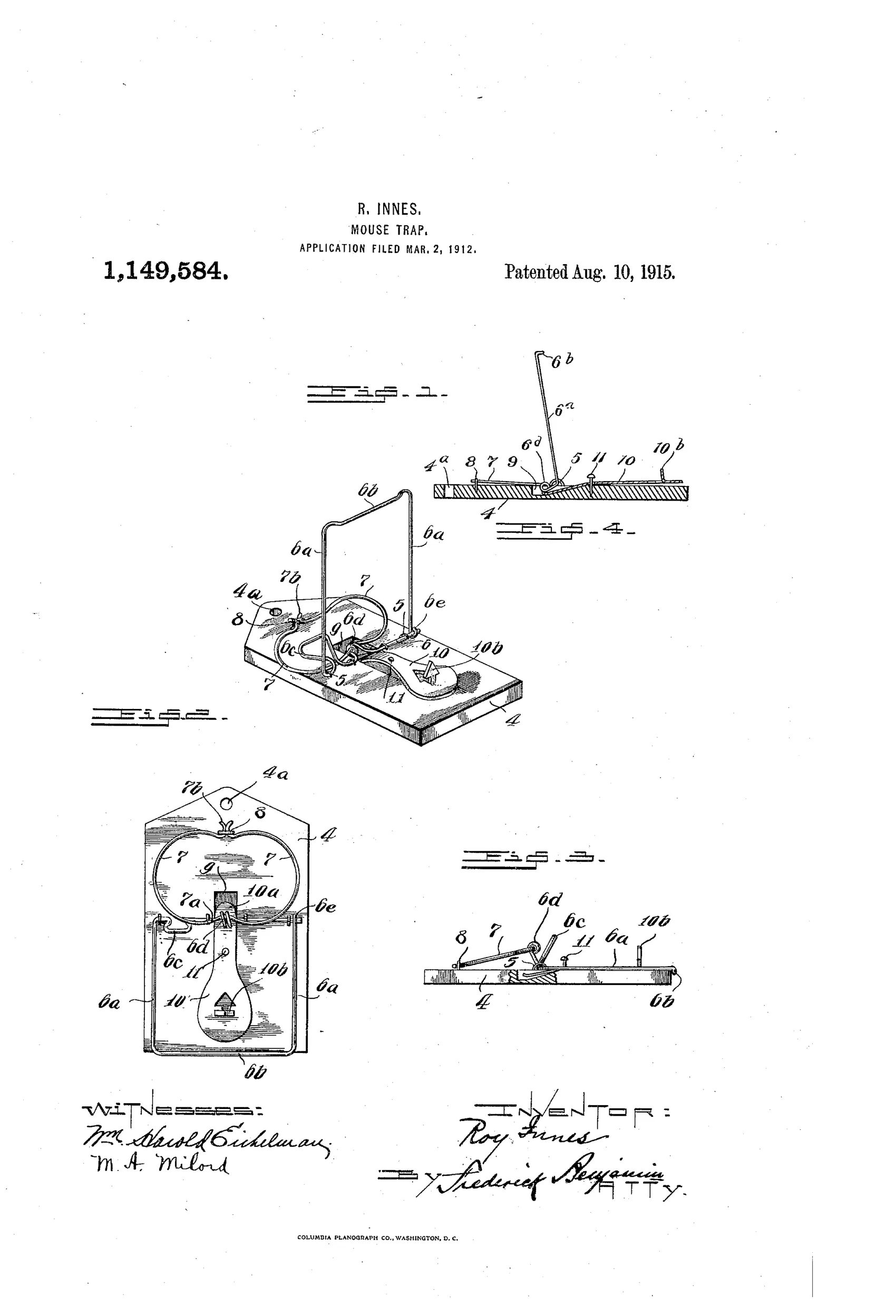 Patent drawing of a wire-frame mouse trap on a rectangular wooden base, showing the bail-like wire frame, coiled spring, arrow-shaped bait tongue, and pivot trigger in both set and sprung positions.