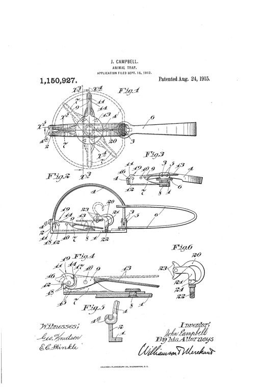 Patent drawing sheet showing a steel animal trap with two hinged jaws closed by a curved U-shaped spring, a pivoting trigger arm with bait pan and prongs, a trigger dog with cam surfaces, and a separate detail of a screw-in bait hook attachment.