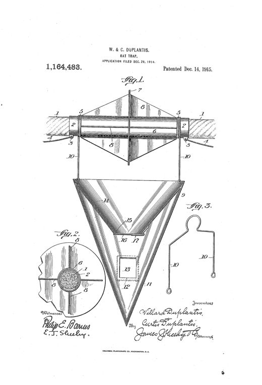 Patent drawing showing a cable-mounted revolving spool with pointed blades above an inverted cone-shaped rat trap suspended below by two wire bails, with a separate detail view of the sleeve mechanism and a bail hanger.