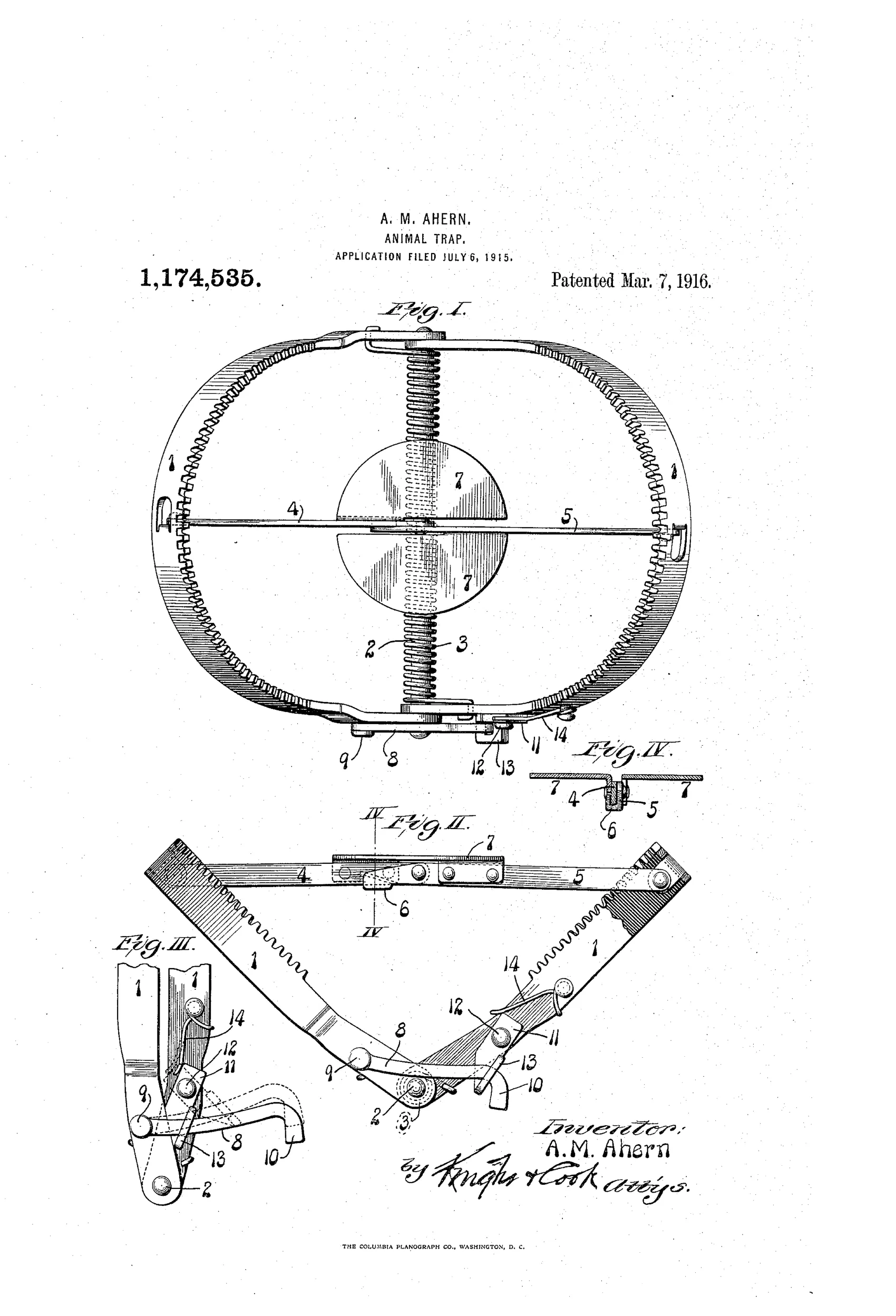 Patent drawing of an oval steel animal trap showing two toothed U-shaped jaws joined by a central pivot spring, with a top-view toggle setting mechanism and side views detailing the locking arm and dog components labeled with numbers 1 through 14.